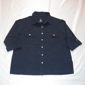 TABI Women's Shirt Top Size XXL Black/Dark Blue Stretch 2/3 Sleeve Button Down